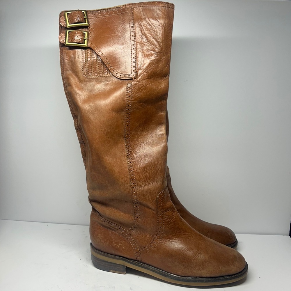 Lucky Brand Leather Knee High Riding Boots Cognac Brown Womens 11.5 Buckle
